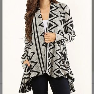 Pretty Young Thing- cardigan with side tails gray, black geometric print. NWT